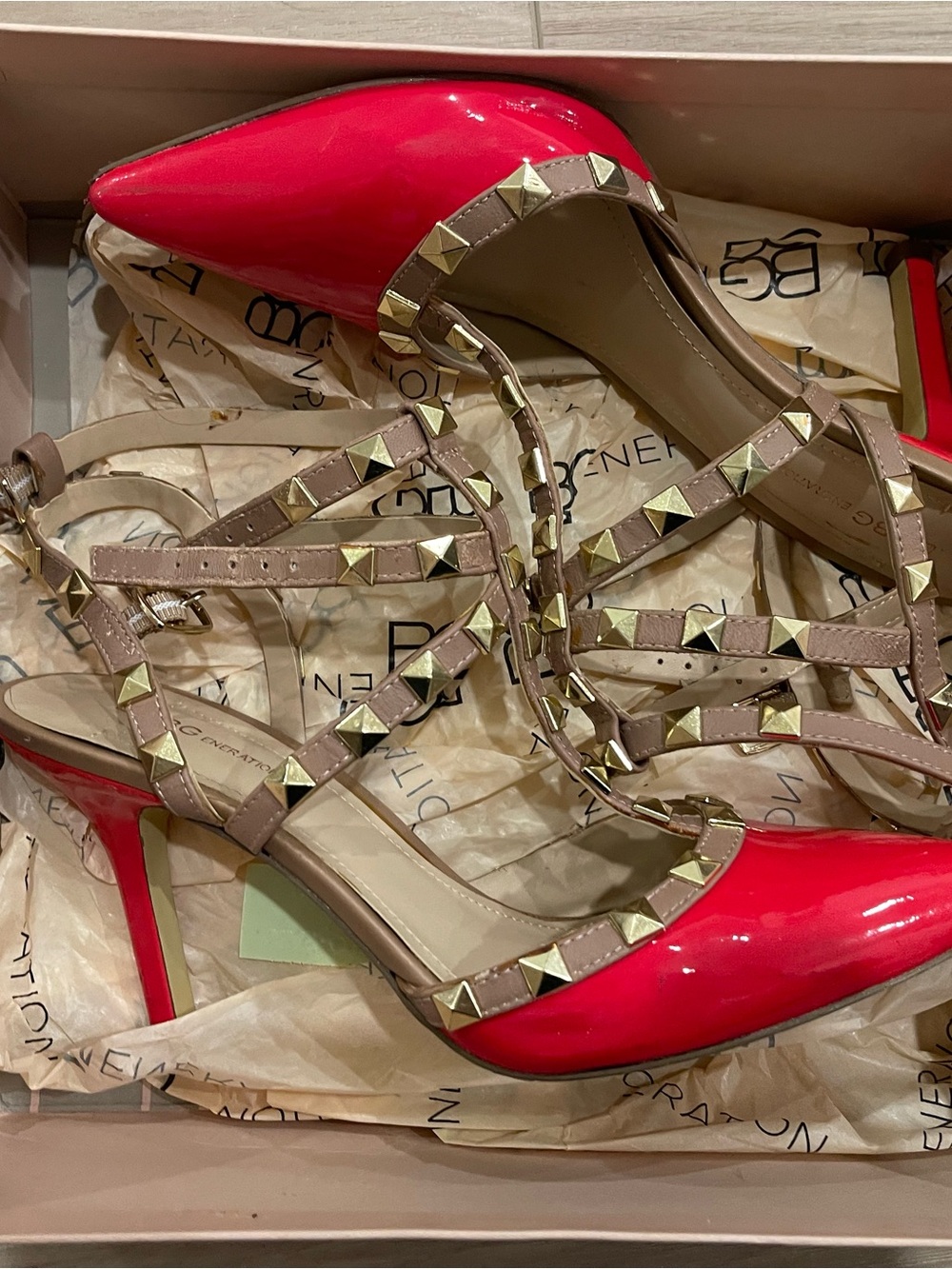 Angel Red Patent Pointed-Toe Studded Strappy Heels